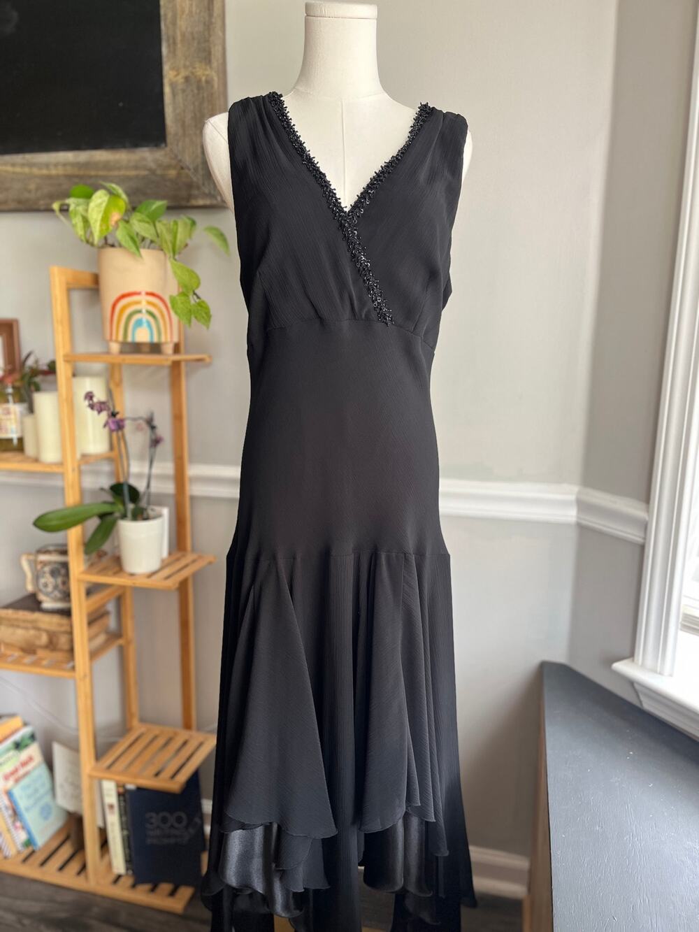 Vintage 90s Black Handkerchief Maxi Dress Beaded Drop Waist Size 14